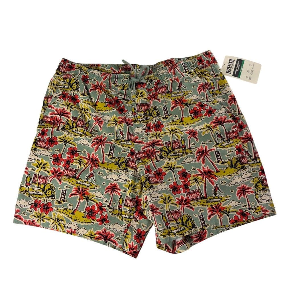 Duluth Trading Co Mens BBQ Standard Fit 7 Shorts Tropical Palm Tree Green L NWT